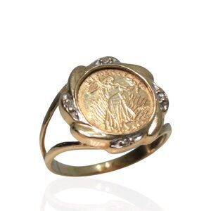 Vintage 10K Gold Standing Liberty Style Coin Ring Split Shank Size 3
